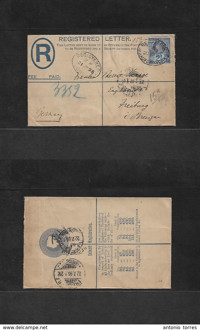 Great Britain - Stationery. 1895 (20 July) Bradford, Yorkshire - Germany, Freiburg (22 July) Via London (21 July) Regist - ...-1840 Prephilately