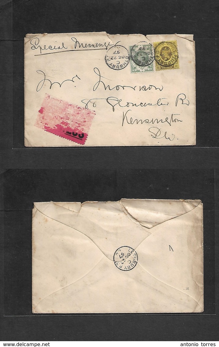 Great Britain. 1897 (22 Oct) Othbury - Kensignton, SW. Special Delivery Multifkd Env Incl 1sh QV At 1sh 3d Rate. Very Ra - ...-1840 Préphilatélie