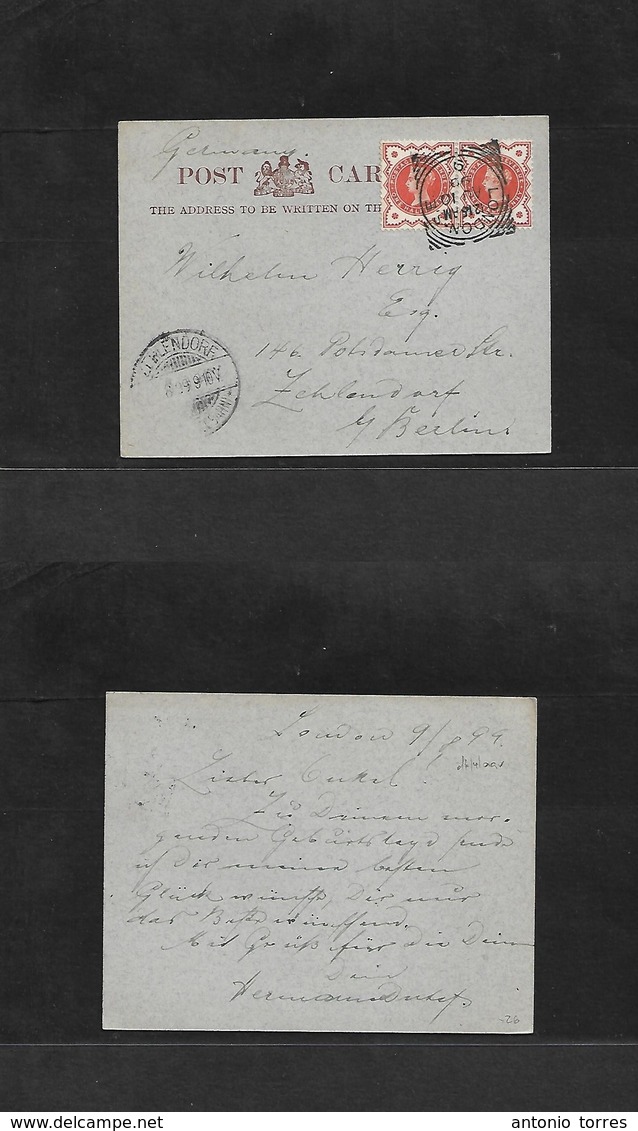 Great Britain. 1899 (10 Aug) London, SE - Germany, Zehlendorf (12 Aug) Private Early Card Fkd 1/2d Orange (x2) Cds. XF. - ...-1840 Préphilatélie