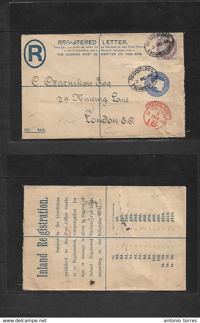 Great Britain. 1899 (2 Oct) Exchange Liverpool - London (3 Oct) Registered 2d Blue + Adtl Fkd Stat Env. VF. - ...-1840 Prephilately