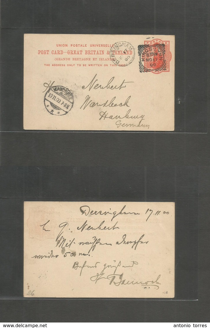 Great Britain - Stationery. 1900 (Nov 17) Kings Lynn - Germany, Hamburg Wandskek (19 Nov) 1d Red Stat Card. Via Dersingh - ...-1840 Prephilately