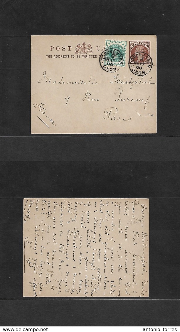 Great Britain - Stationery. 1900 (Dec 17) Dorchester, Oxon - France, Paris 1/2d Brown Stat Card + 1/2d Green Adtl, Tied  - ...-1840 Vorläufer
