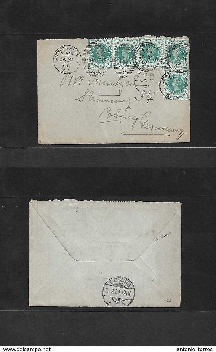 Great Britain. 1901 (Jan 31) Lewisham - Germany, Coburg (2 Feb) Multifkd Env 1/2d Green (x5) "66" Grill Cds. Fine. - ...-1840 Prephilately