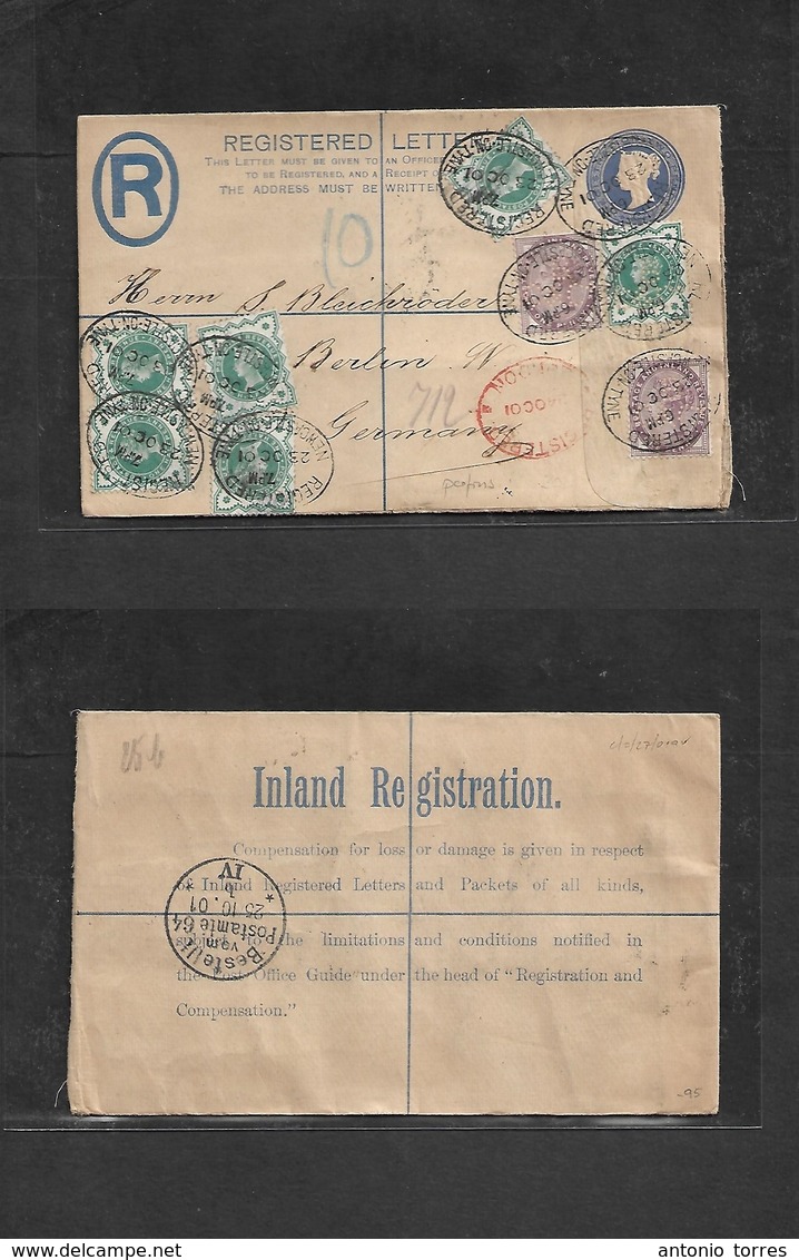 Great Britain - Stationery. 1901 (23 Oct) Newcastle On Tyre - Germany, Berlin (25 Oct) Registered 2d Blue + 8 Adtls, PER - ...-1840 Prephilately