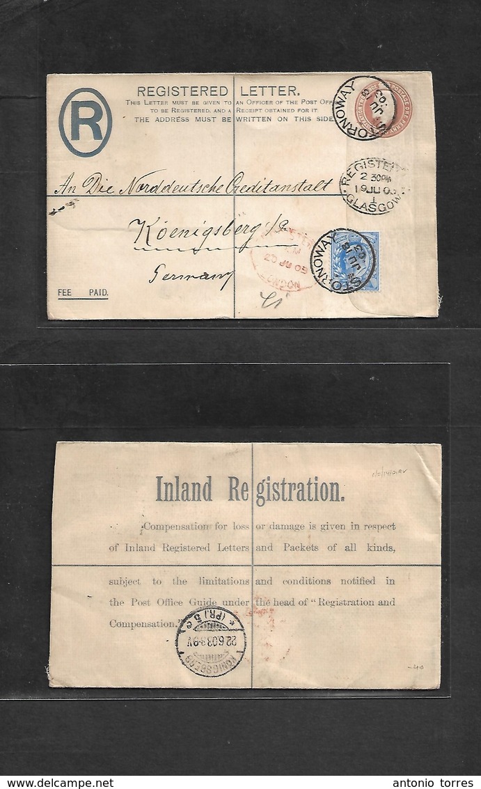 Great Britain - Stationery. 1903 (18 July) Scotland, Stornoway - Germany, Koenisberg (22 July) Registered 3d Brown KE VI - ...-1840 Préphilatélie