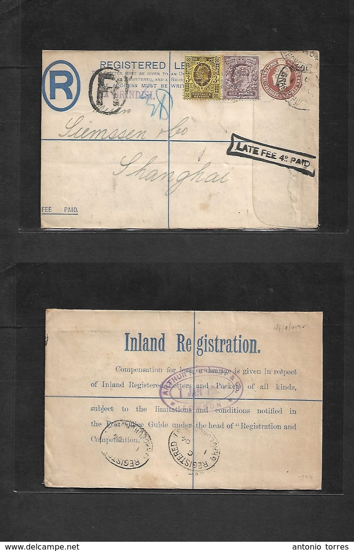 Great Britain - Stationery. 1904. Gracechurch - Shanghai, China "Late Fee 4d Paid" Cachet + "PERFIN". Registered Ed VII  - ...-1840 Prephilately