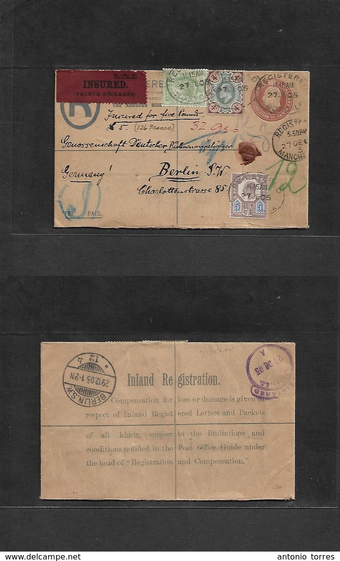 Great Britain - Stationery. 1905 (27 Dec) Manchester - Germany, Berlin (29 Dec) Registered Insured GBP 5,00 Stat Brown E - ...-1840 Préphilatélie