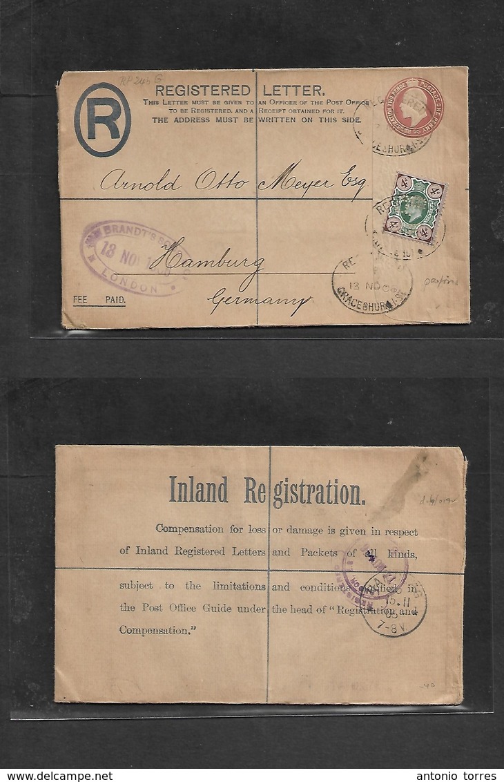 Great Britain - Stationery. 1906 (13 Nov) Gracechurch St, London - Germany, Hamburg (15 Nov) Registered 3d Brown KE VII  - ...-1840 Préphilatélie