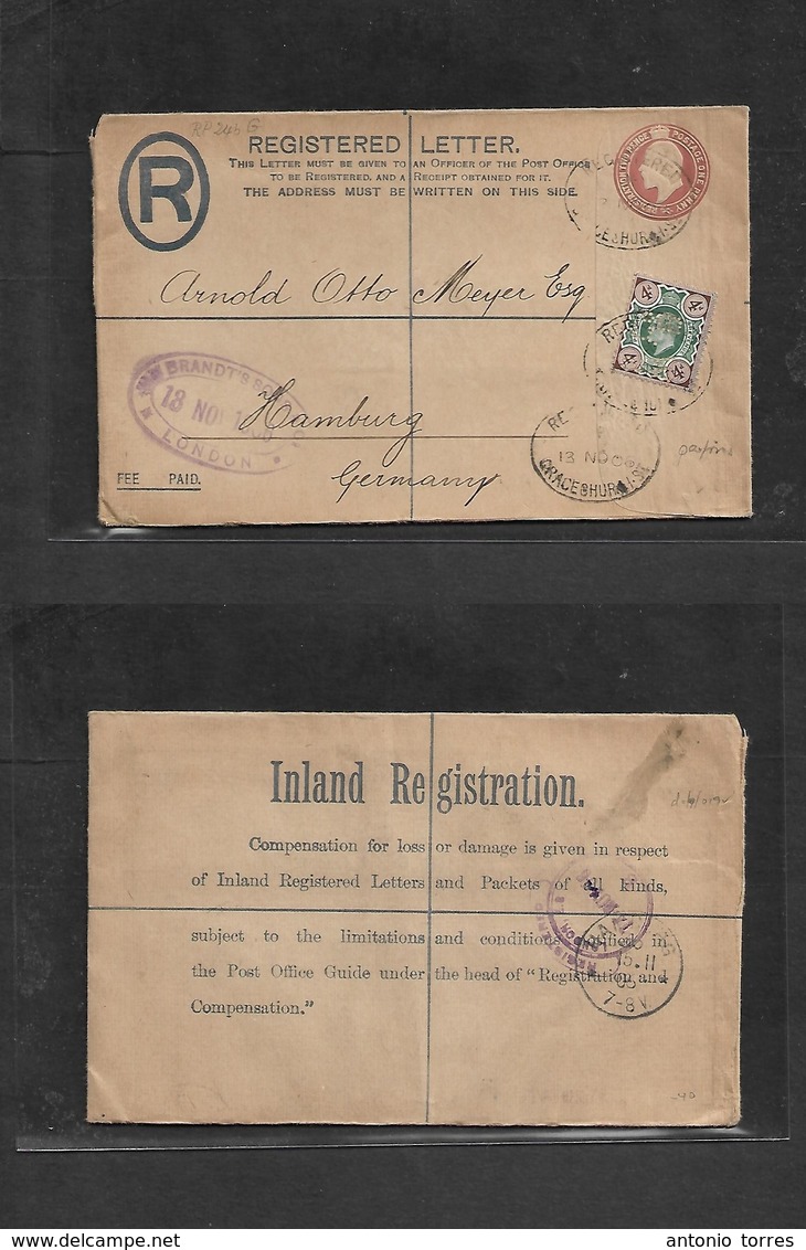 Great Britain - Stationery. 1906 (13 Nov) Gracechurch St, London - Germany, Hamburg (15 Nov) Registered 3d Brown KE VII  - ...-1840 Prephilately