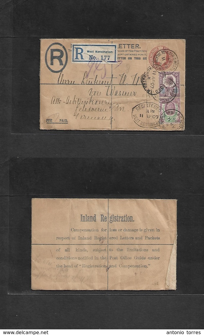 Great Britain - Stationery. 1907 (11 Apr) West Kensington - Germany, Schweriwer. Registered 3d Brown KEVII Stat Env + 2  - ...-1840 Préphilatélie