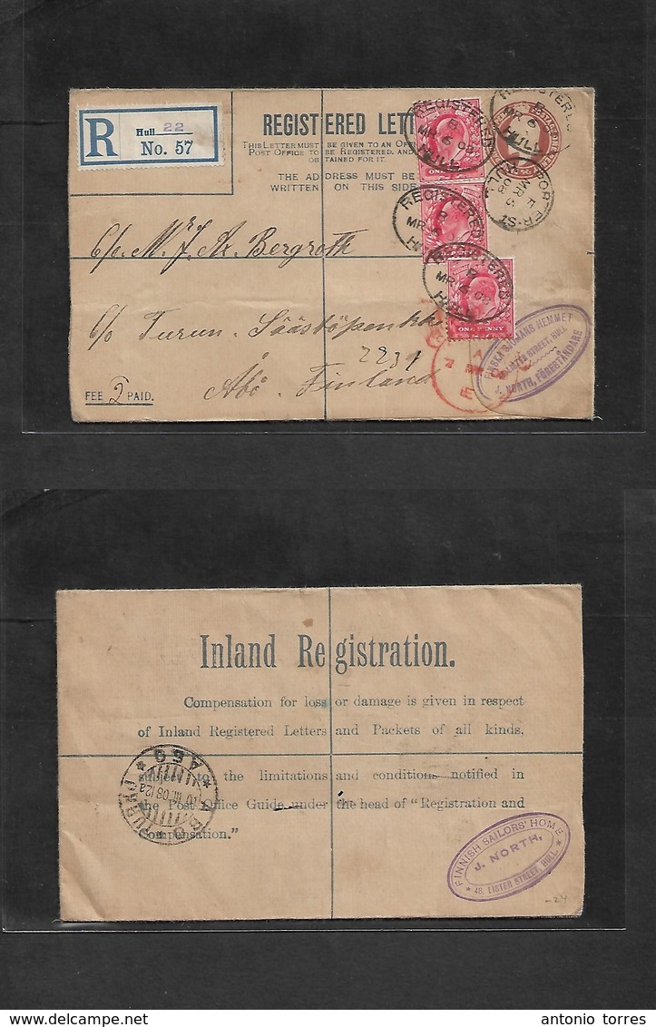 Great Britain - Stationery. 1908 (6 March) Hull - Finnland, Abo (10 March) Registered Multifkd 1 1/2d Brown Stat Env, Ov - ...-1840 Prephilately