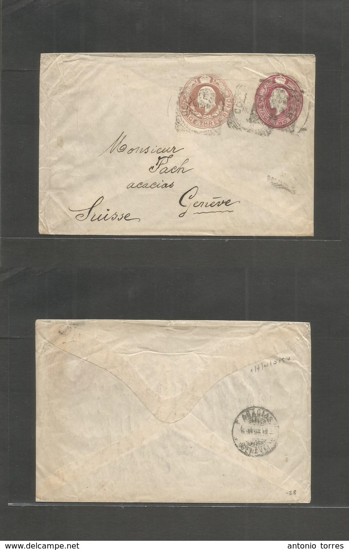 Great Britain - Stationery. 1909 (Nov 21) Colchester - Switzerland, Geneve. K. Ed VII Doble Print Fkd Stat Env 2d+3d - ...-1840 Prephilately