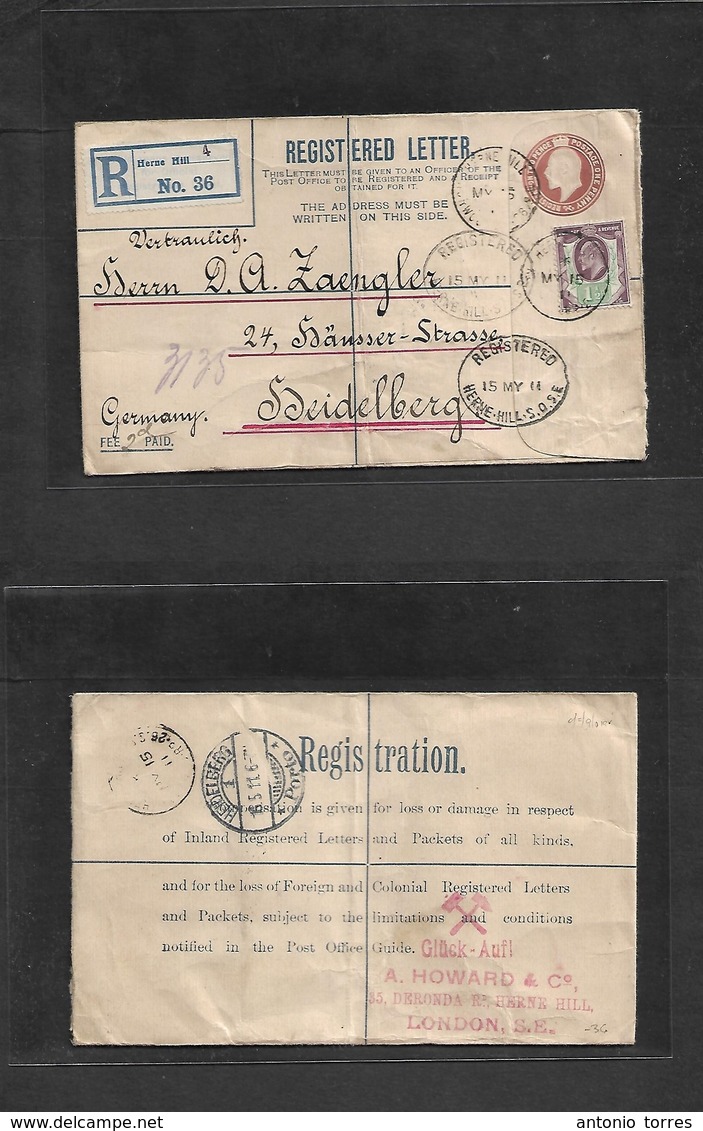 Great Britain - Stationery. 1911 (15 May) Herne Hills - Germany, Heidelberg (16 May) Registered 3d Brown Stat Env + Adtl - ...-1840 Prephilately