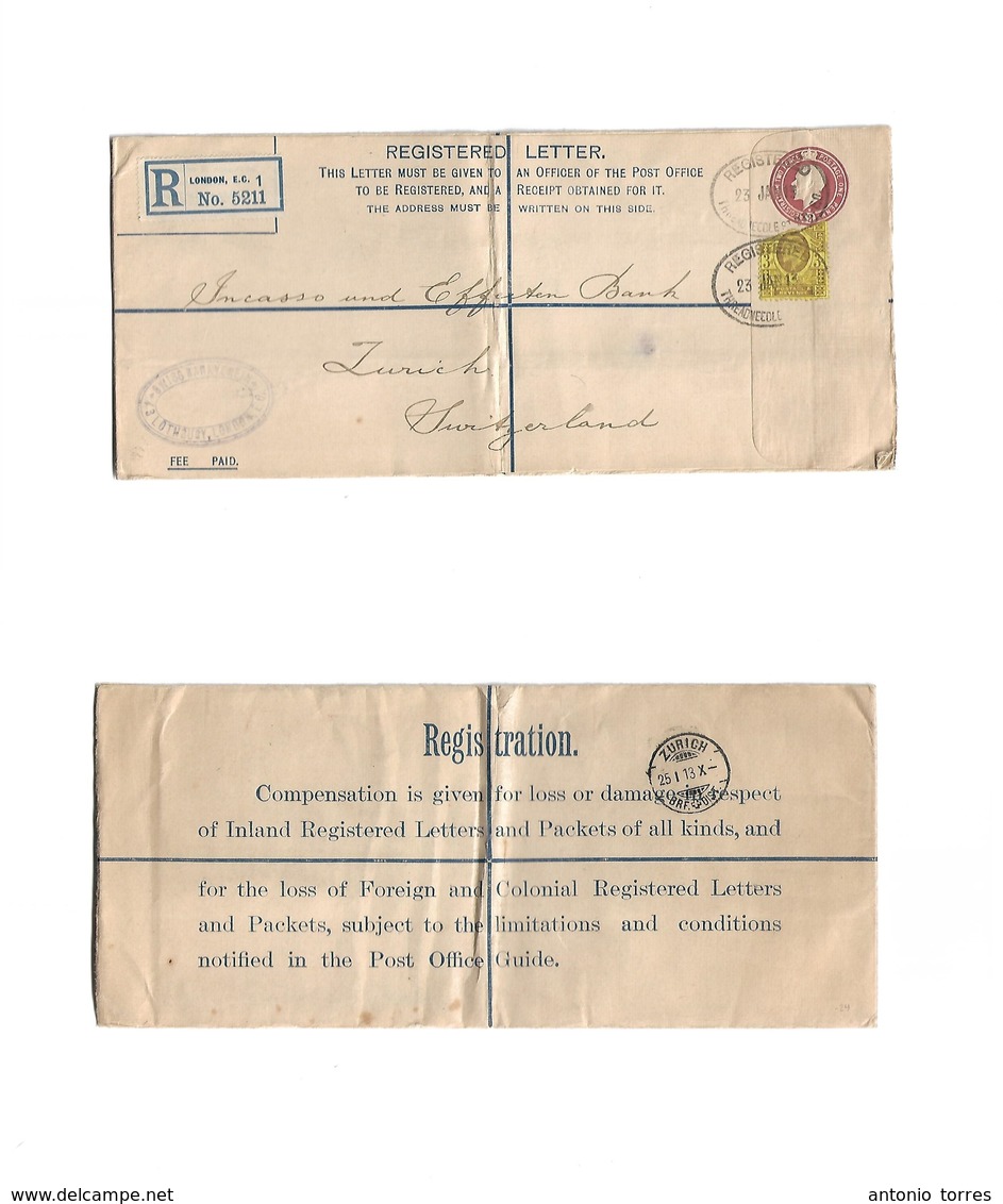 Great Britain - Stationery. 1913 (23 Jan) London, Threadneedle St. - Switzerland, Zurich (25 Jan) - ...-1840 Prephilately