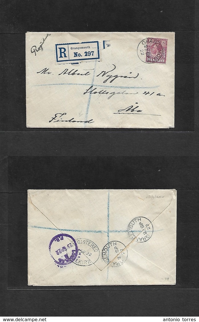 Great Britain - Xx. 1922 (22 Sept) Scotland, Grangemouth - Finland, Abo. Registered Env Fkd 6d Lilac Cds + R-label. VF. - ...-1840 Préphilatélie