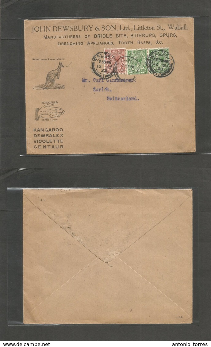 Great Britain - Xx. 1923 (12 Jan) Walsall - Switzerland, Zurich. Cangaroo Illustrated Manufacturers Multifkd Envelope. N - ...-1840 Prephilately