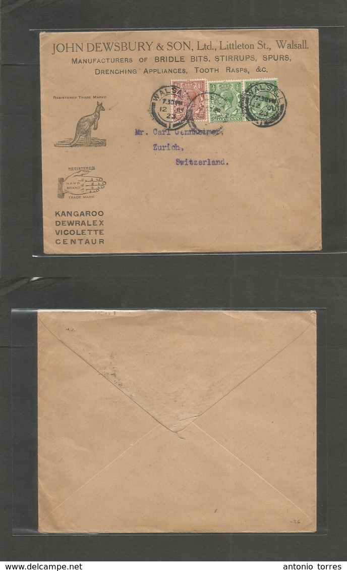 Great Britain - Xx. 1923 (12 Jan) Walsall - Switzerland, Zurich. Cangaroo Illustrated Manufacturers Multifkd Envelope. N - ...-1840 Voorlopers