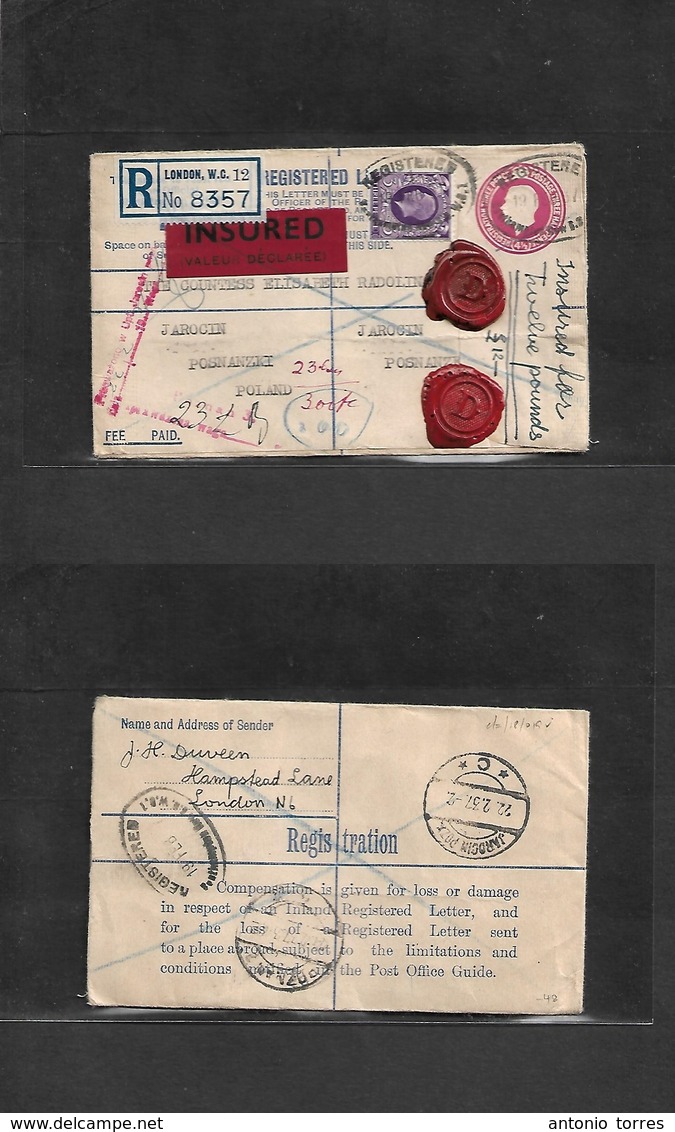 Great Britain - Stationery. 1927 (19 Feb) London - Poland, Jarocin (22 Febr) Registered Insured GPO 12 4 1/2d Red Stat E - ...-1840 Préphilatélie