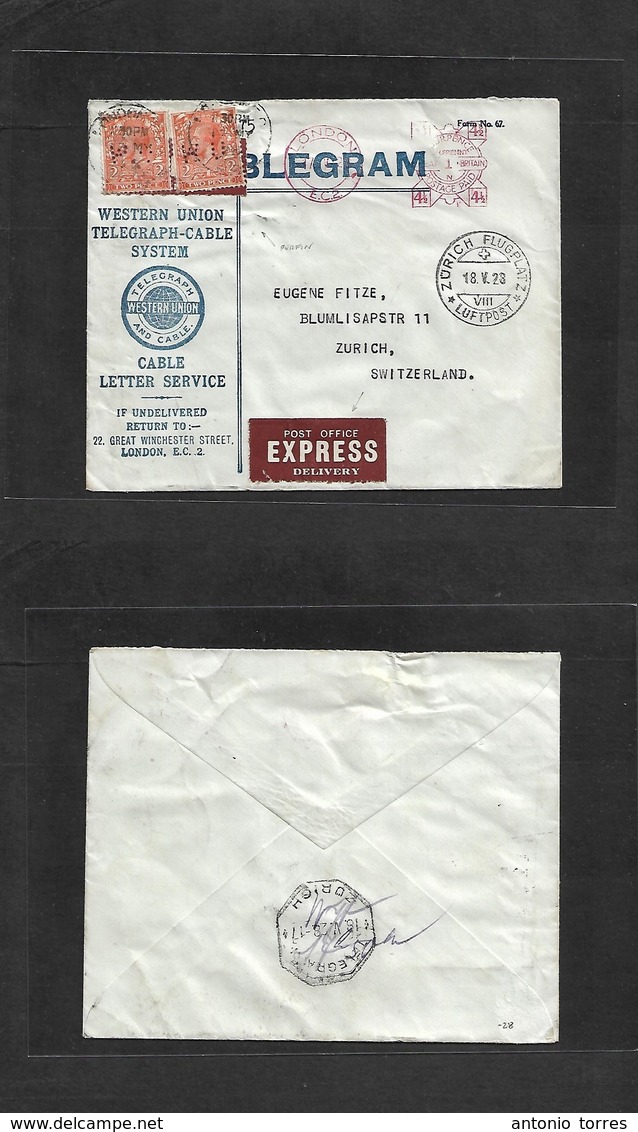 Great Britain - Xx. 1928 (17 May) London - Switzerland, Zurich (18 May) Business Telegram Machine Fkd Envelope + 2 Adtls - ...-1840 Prephilately