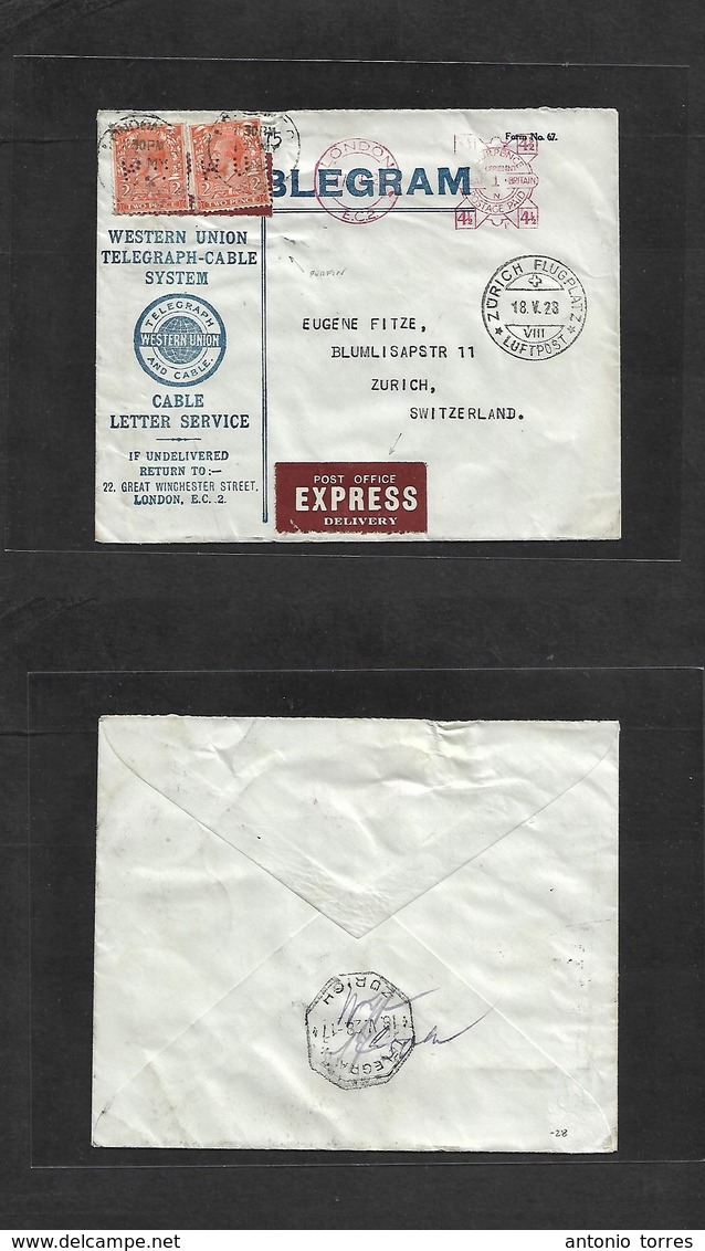 Great Britain - Xx. 1928 (17 May) London - Switzerland, Zurich (18 May) Business Telegram Machine Fkd Envelope + 2 Adtls - ...-1840 Voorlopers