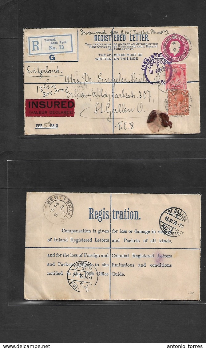 Great Britain - Stationery. 1928 (9 June) Tarbert, Loch Fyne - Switzerland, St. Gallen (12 June) Registered Insured GBP  - ...-1840 Prephilately