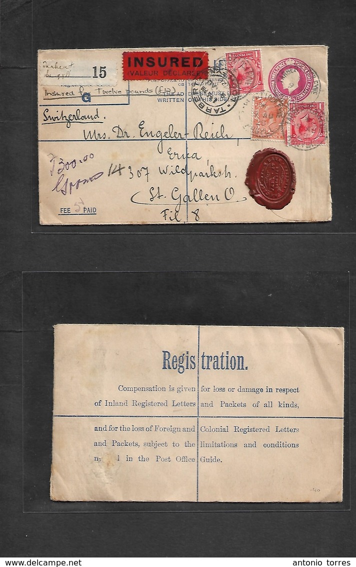 Great Britain - Stationery. 1928 (9 Aug) Turbert, Loch Fyne - Switzerland, St. Gallen. Registered 4 1/2d Red Stat Env In - ...-1840 Prephilately