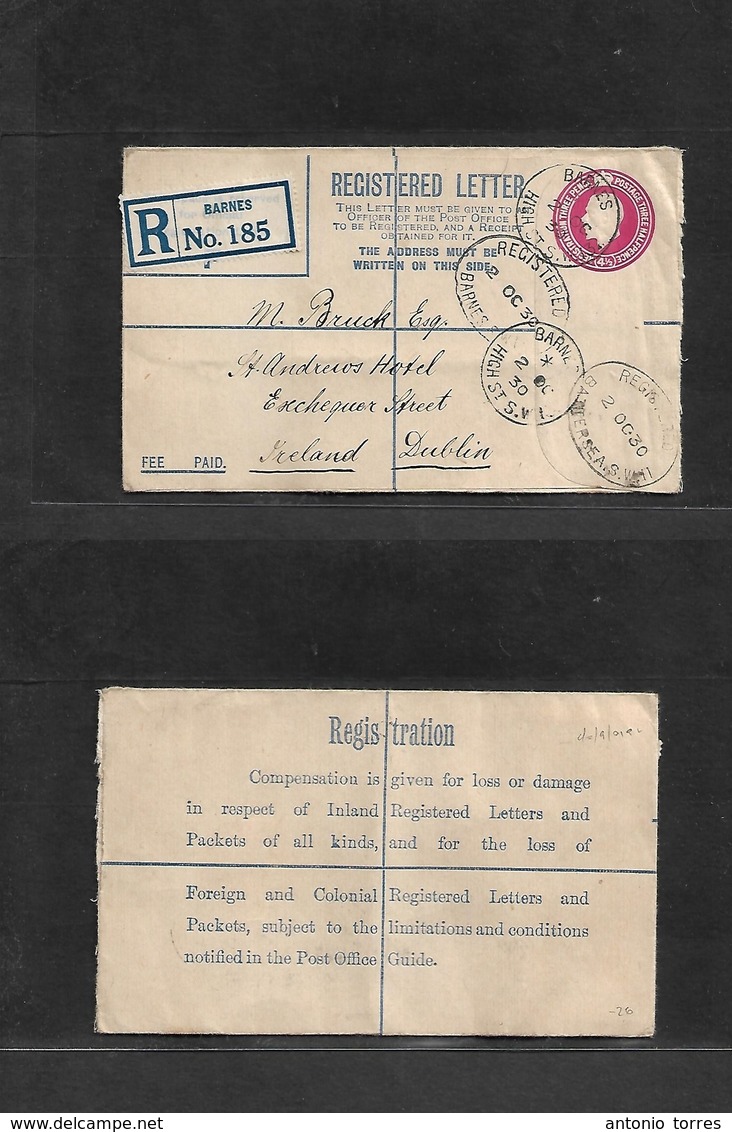 Great Britain - Stationery. 1930 (2 Oct) Barnes - Eire, Dublin, Ireland. Registered 4 1/2d Red Stat Env. Fine Used. - ...-1840 Prephilately