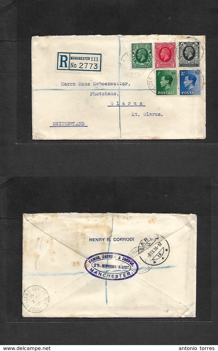 Great Britain - Xx. 1936 (7 Sept) Manchester 111 - Switzerland, Glarus (8 Sept) Registered Multifkd Env. Better Values C - ...-1840 Préphilatélie