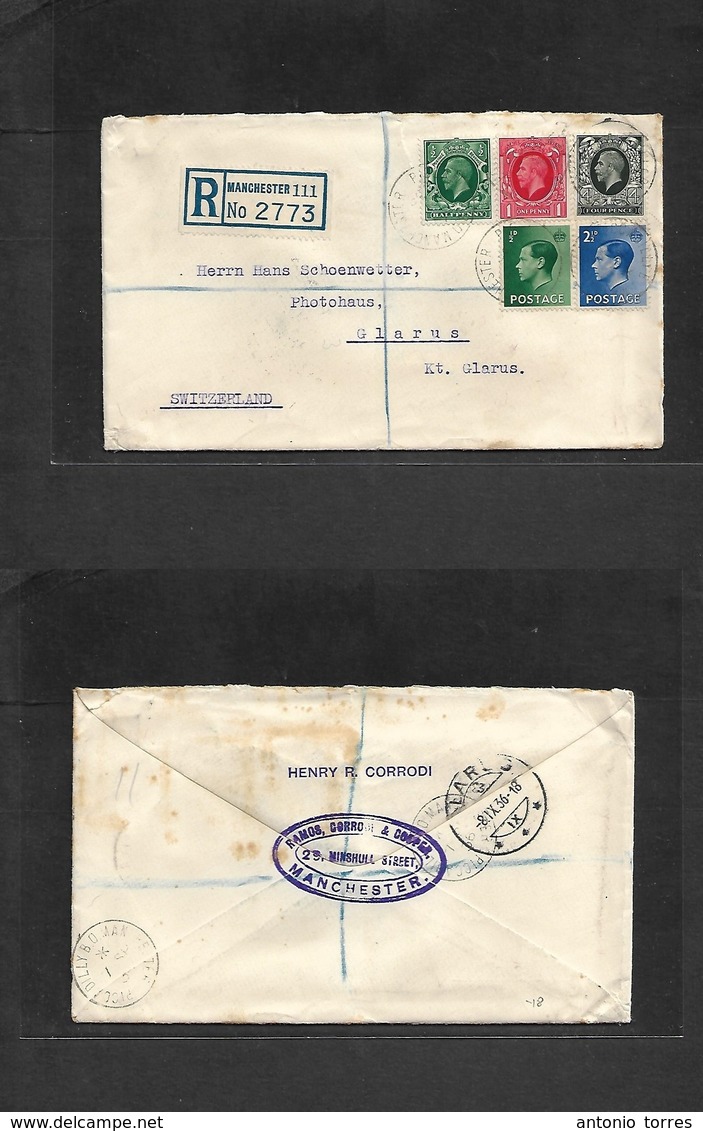 Great Britain - Xx. 1936 (7 Sept) Manchester 111 - Switzerland, Glarus (8 Sept) Registered Multifkd Env. Better Values C - ...-1840 Prephilately