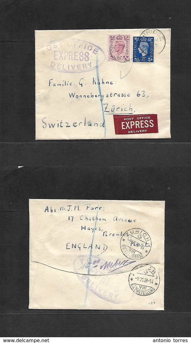 Great Britain - Xx. 1939 (8 June) Cambridge - Switzerland, Zurich (9 June) Express Mail Service. Oval Cachet + R-label.  - ...-1840 Prephilately