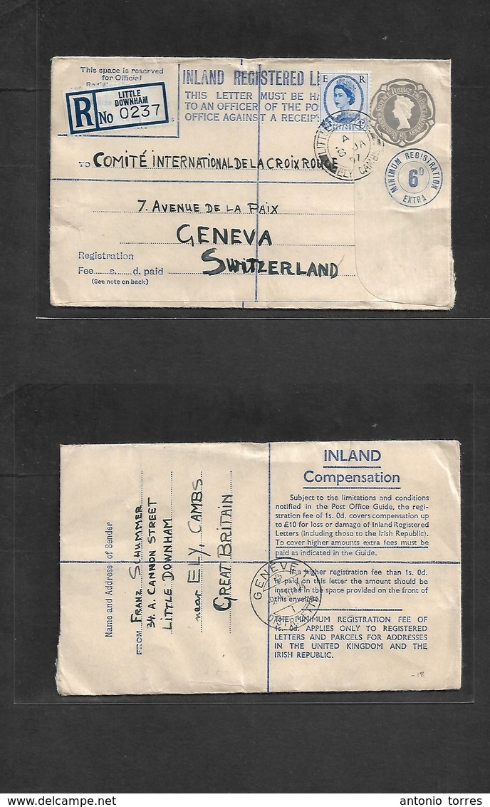 Great Britain - Stationery. 1957 (8 Jan) Little Downham - Switzerland, Geneva (9 Jan) Registered 8 1/2d Grey + 6d Extra  - ...-1840 Prephilately