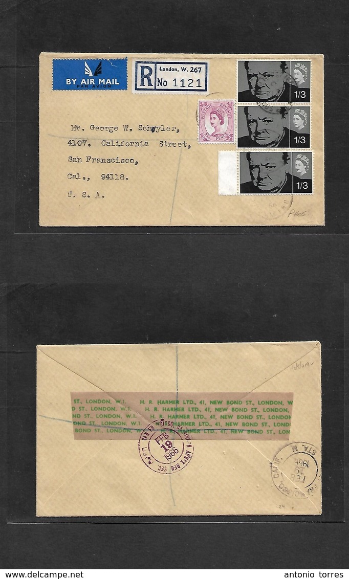 Great Britain - Xx. 1966 (Feb) London - USA, CA, SF (19 Feb) Registered Multifkd Airmail Envelope, Incl 1sh 3d Strip Of  - ...-1840 Precursores