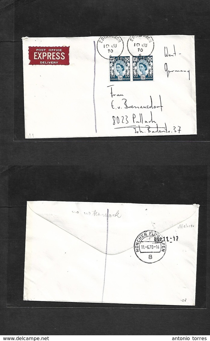 Great Britain - Xx. 1970 (10 June) Edinburgh - Germany, Pullach, Express Fkd Mail QEII 1sh6d Scotland Regional Pair / Ti - ...-1840 Prephilately