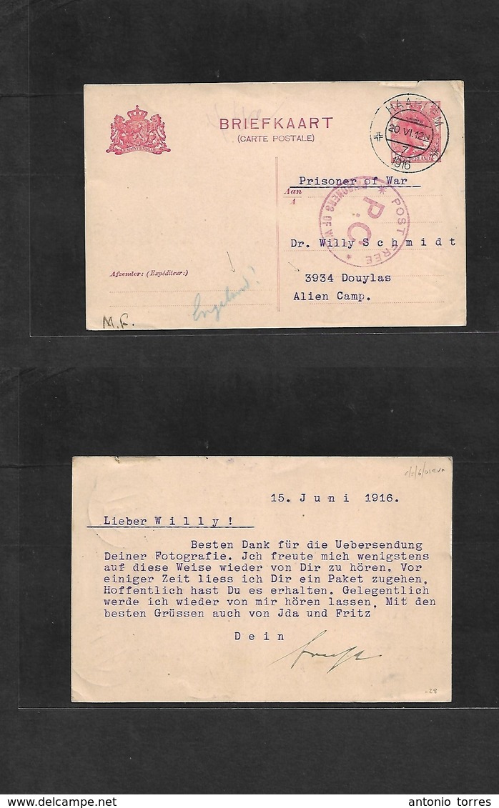 Gb - Channel Islands. 1916 (20 June) Douglas, Island Of Man POW Camp. German Internee. Dutch 5c Red Stat Card. Haalem De - ...-1840 Prephilately