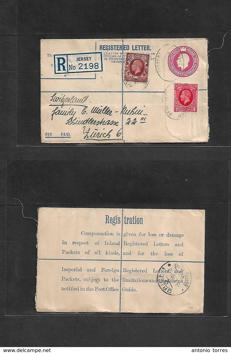 Gb - Channel Islands. 1934 (31 Dec) Jersey - Switzerland, Zürich (3 Jan) Registered 4 1/2d Red Stat Env + 2 Adtls. Fine. - ...-1840 Préphilatélie