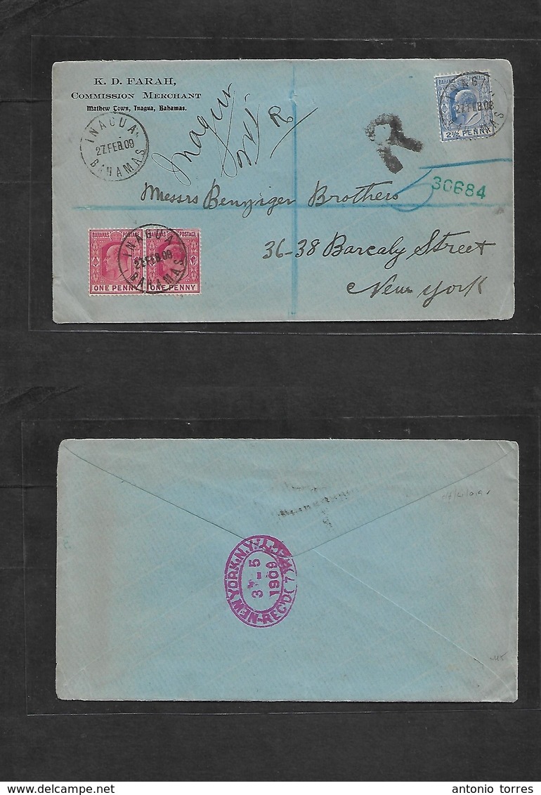 Bc - Bahamas. 1909 (27 Feb) Inagua - USA, NYC (5 March) Registered Multifkd Comercial Envelope. VF + Nice Cds Town Usage - Autres & Non Classés
