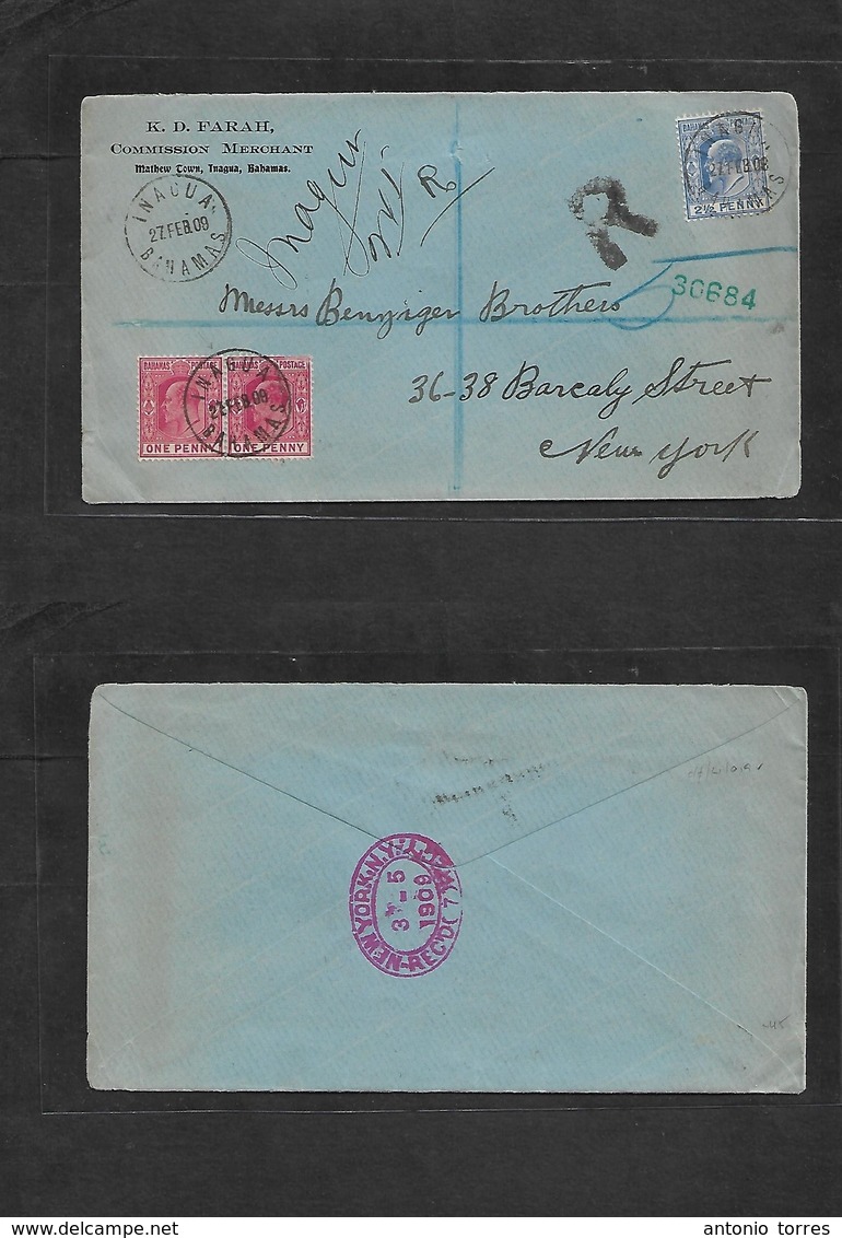 Bc - Bahamas. 1909 (27 Feb) Inagua - USA, NYC (5 March) Registered Multifkd Comercial Envelope. VF + Nice Cds Town Usage - Andere & Zonder Classificatie