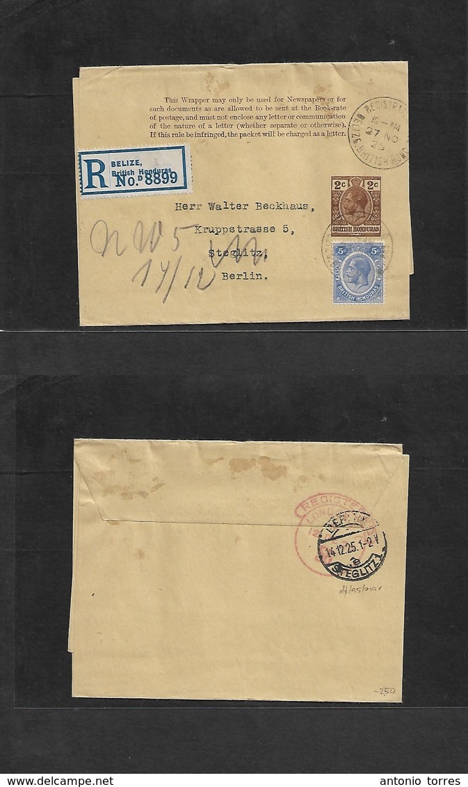Bc - Br. Honduras. 1925 (27 Nov) Belize - Germany, Berlin (14 Dec) Via London Reverse Cachet. Registered 2c Brown Statio - Autres & Non Classés