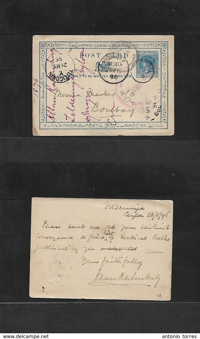 Bc - Ceylon. 1896 (23 May) Kloemija - India, Bombay (29 May) Via Tuticorim (26 May) + Transited On Front. 2c Blue Cds. - Andere & Zonder Classificatie