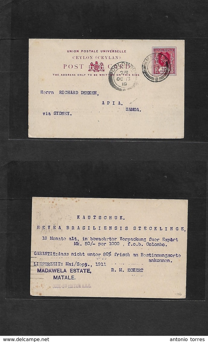 Bc - Ceylon. 1910 (Oct 13) Matale - Samoa, Aria, Pacific Ocean (German Territory) Via Sidney. Six Cents Red Stat Card. V - Autres & Non Classés