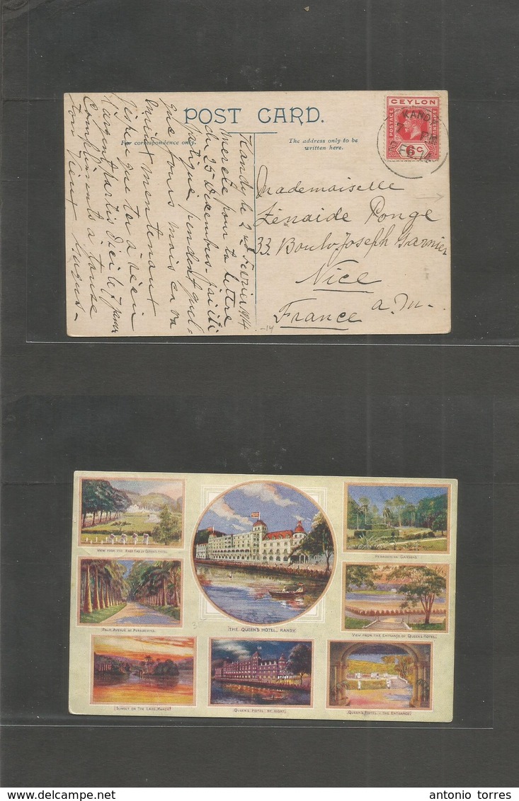 Bc - Ceylon. 1914 (2 Feb) Kandy - France, Nice. Color Ppc Fkd 6c Cds. Three. - Other & Unclassified