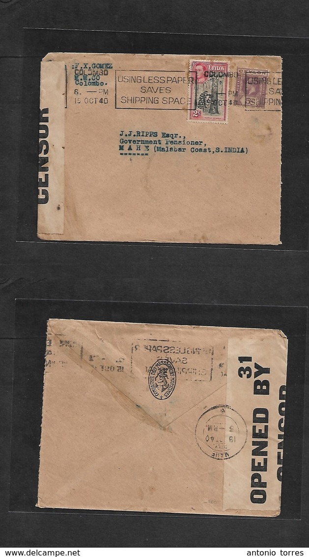 Bc - Ceylon. 1940 (15 Oct) Colombo - Mahe, French India (19 Oct) Multifkd Env, Censored With Arrival Cachet. Very Rare D - Andere & Zonder Classificatie