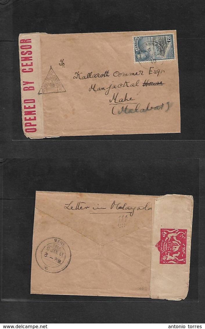 Bc - Ceylon. 1940 (26 Dec) Ceylon - Mahe, French India (8 Jan 41) Fkd Censored WWII Envelope With Letter Written In Mala - Other & Unclassified