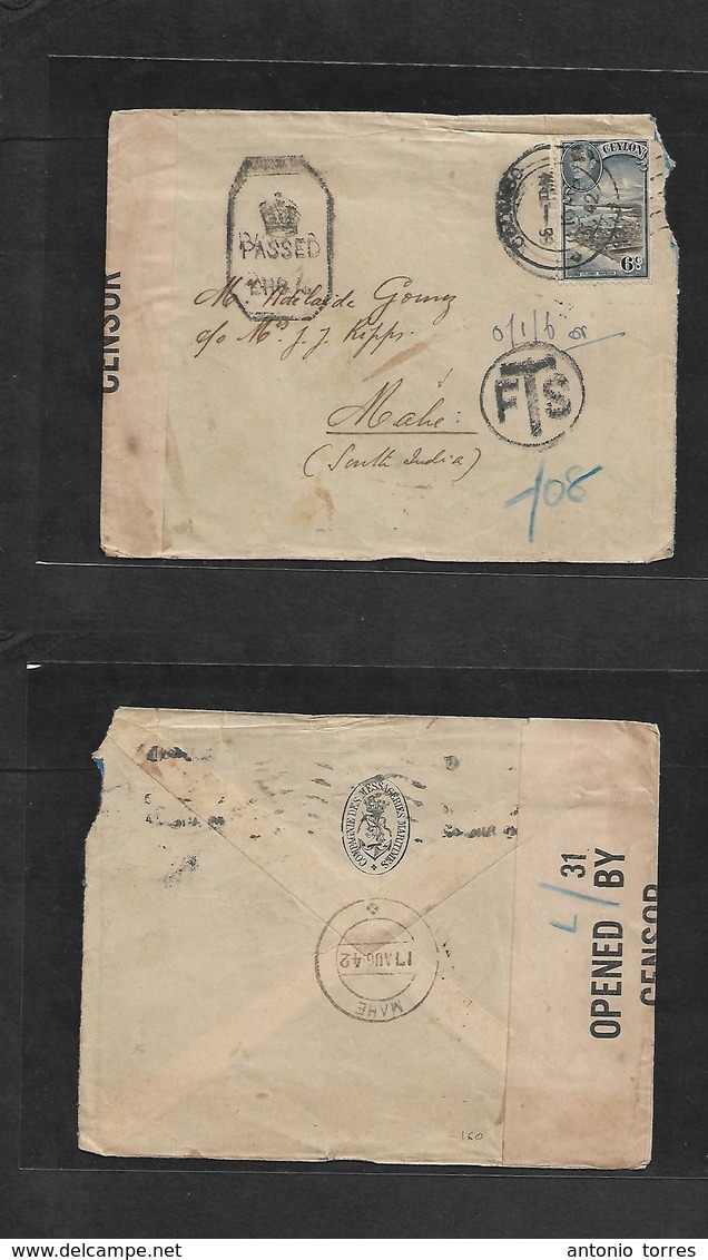 Bc - Ceylon. 1942 (10 Aug) Ceylon, Colombo - Mahe, French India (17 Aug) Fkd + Triple Censored Envelope, Incl Arrival Ca - Autres & Non Classés