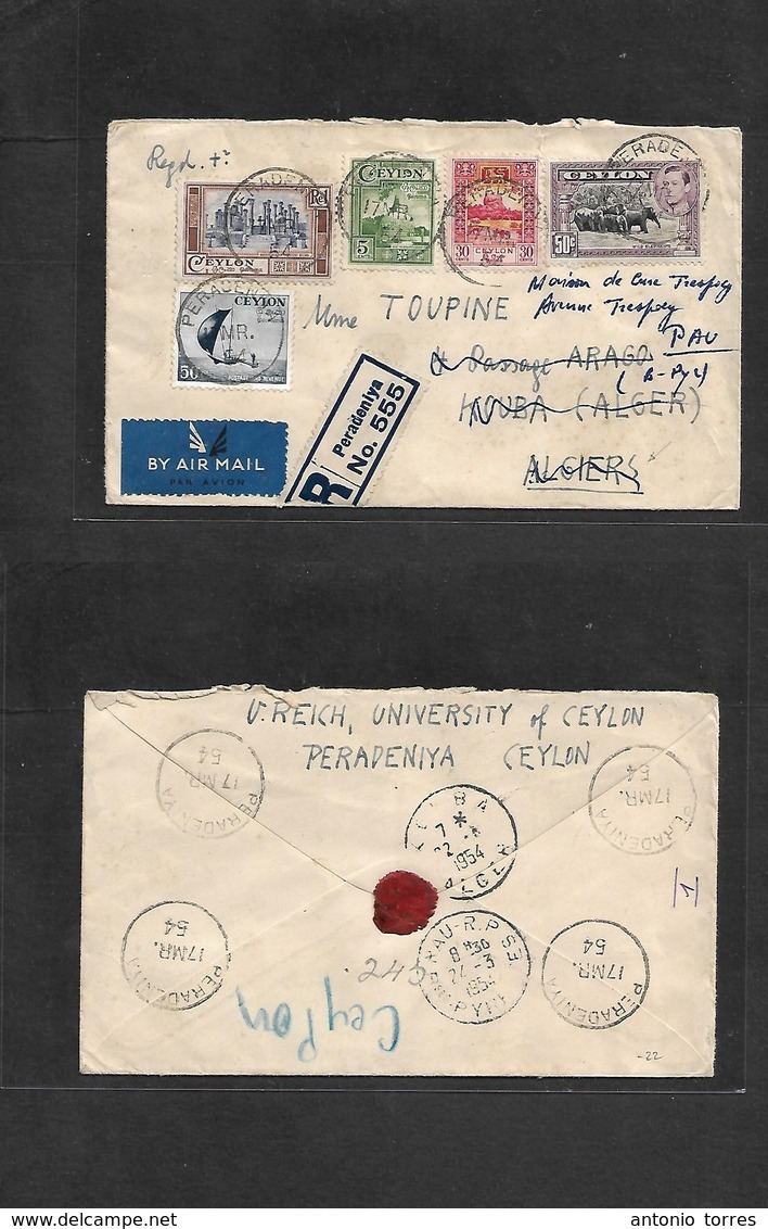 Bc - Ceylon. 1954 (17 March) PERADENIYA - Algeria, Kouba (22 March) Registered Air Multifkd Envelope, Fwded France, Pau  - Andere & Zonder Classificatie