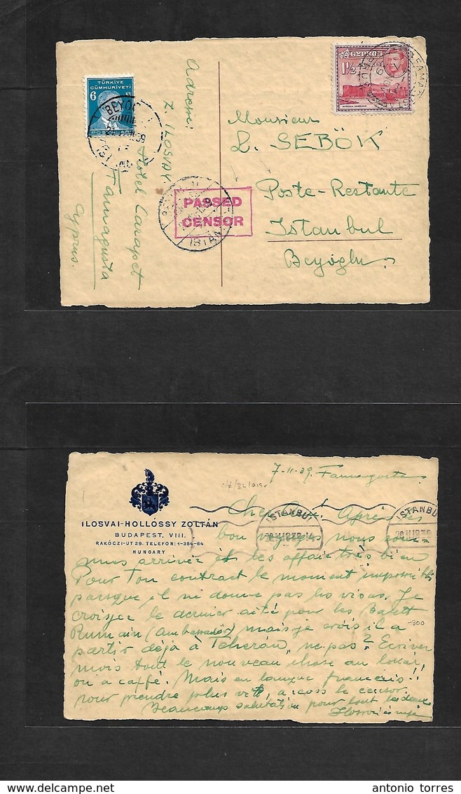 Bc - Cyprus. 1939 (7 Nov) Famagusta - Istambul, Beyoglu, Turkey (20 Nov) Fkd  Private Card + Poste Restante Taxed Turkis - Autres & Non Classés