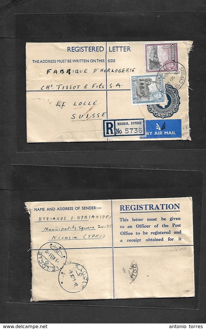 Bc - Cyprus. 1951 (31 Oct) Nicosia - Switzerland, Le Locle (3 Nov) Registered Blue Stationery Envelope + 2 Adtls + R-lab - Autres & Non Classés