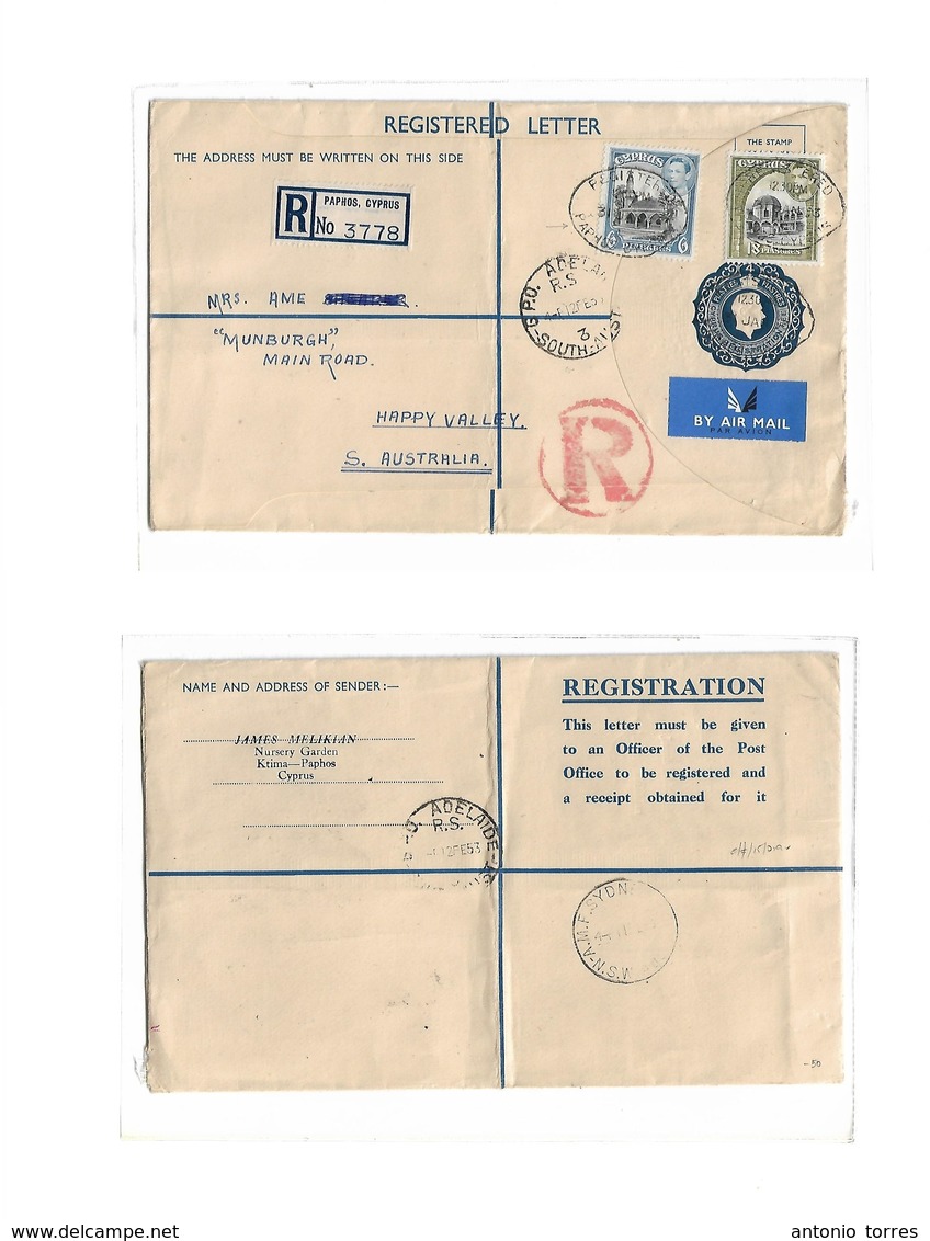 Bc - Cyprus. 1953 (31 Jan) Paphos - Australia, SA, Happy Valley (12 Feb) 4pi Blue Registered Stat Env + 2 Adtls, Oval Re - Autres & Non Classés