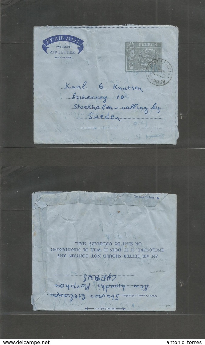 Bc - Cyprus. 1959 (2 July) New Livadhi - Sweden, Stockholm. Rural Postal Service Cachet. 25 Rs Stat Air Lettersheet. Fin - Autres & Non Classés