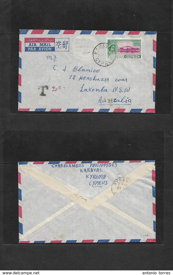 Bc - Cyprus. 1960 (21 July) Karavas Routed Post. Air Single 100rs Fkd Env To Australia, Lakemba, NSW Taxed + "T" "20c" V - Other & Unclassified